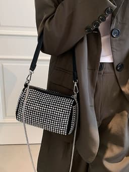 Cartera Lurex con cadena metalica y correa corta de cuero - imagen