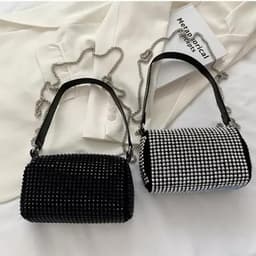 Cartera Lurex con cadena metalica y correa corta de cuero - imagen