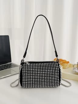 Cartera Lurex con cadena metalica y correa corta de cuero - imagen