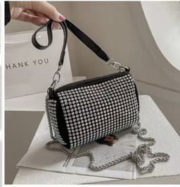Cartera Lurex con cadena metalica y correa corta de cuero - imagen