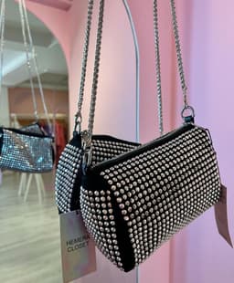 Cartera Lurex con cadena metalica y correa corta de cuero - imagen