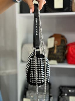 Cartera Lurex con cadena metalica y correa corta de cuero - imagen