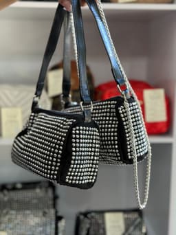 Cartera Lurex con cadena metalica y correa corta de cuero - imagen