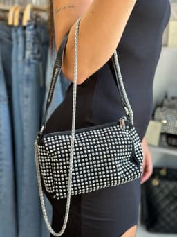Cartera Lurex con cadena metalica y correa corta de cuero - imagen