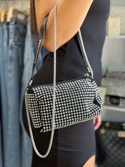 Cartera Lurex con cadena metalica y correa corta de cuero - imagen