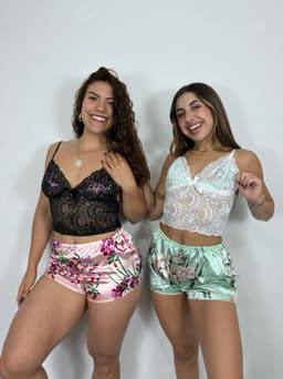 Pijama de dama diseño floral mas top con encaje - imagen