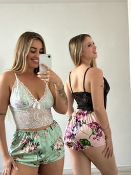 Pijama de dama diseño floral mas top con encaje - imagen